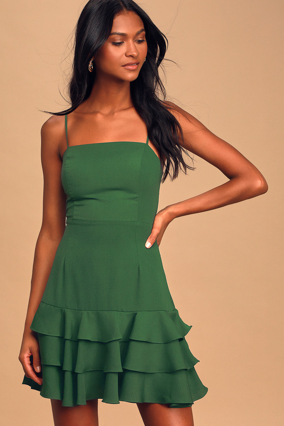 Forest Green Dress - Ruffled Mini Dress ...